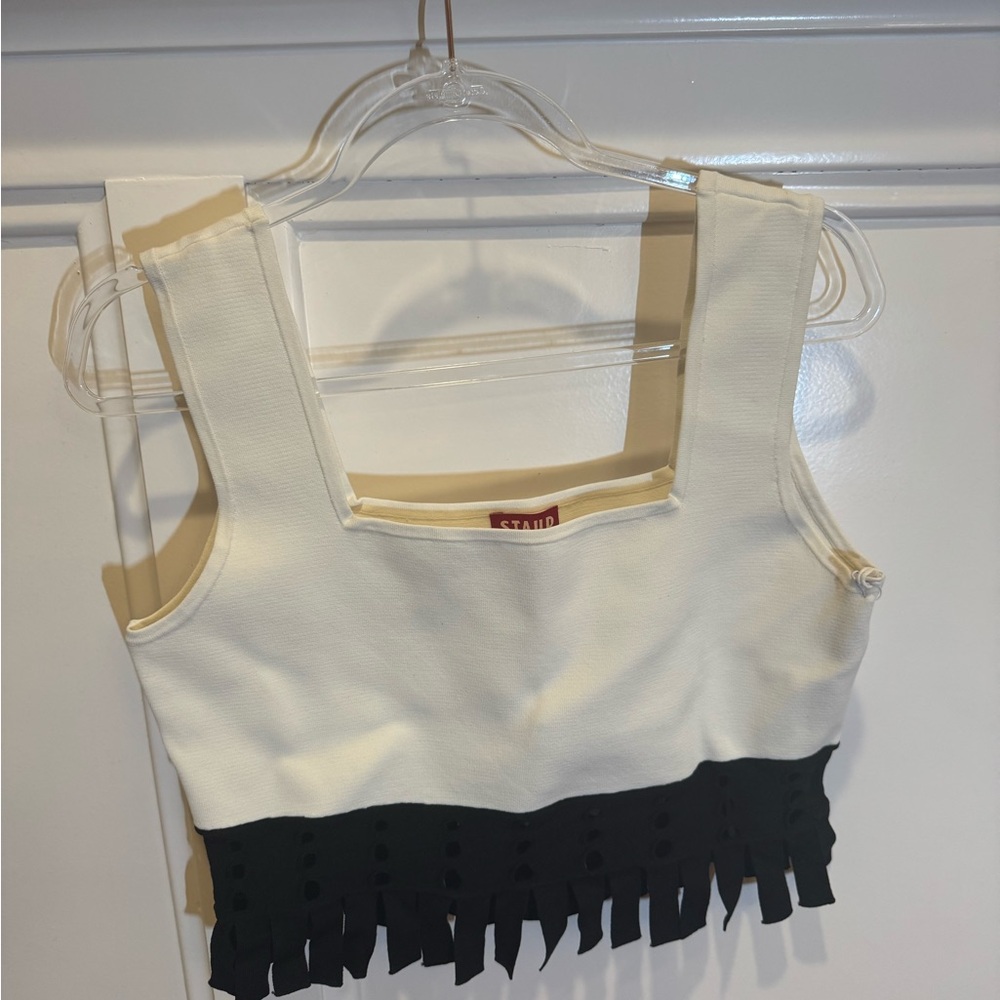 STAUD White Crop Top with Black Fringe